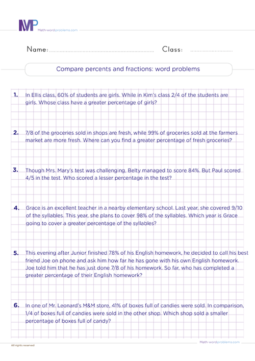 Compare percents and fractions word problems worksheet