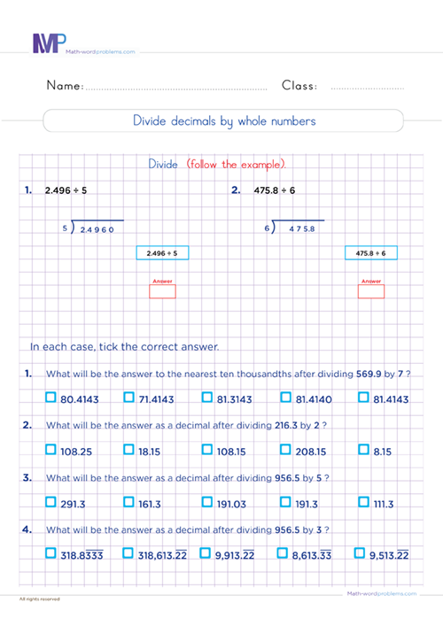 Divide decimals by whole numbers worksheet