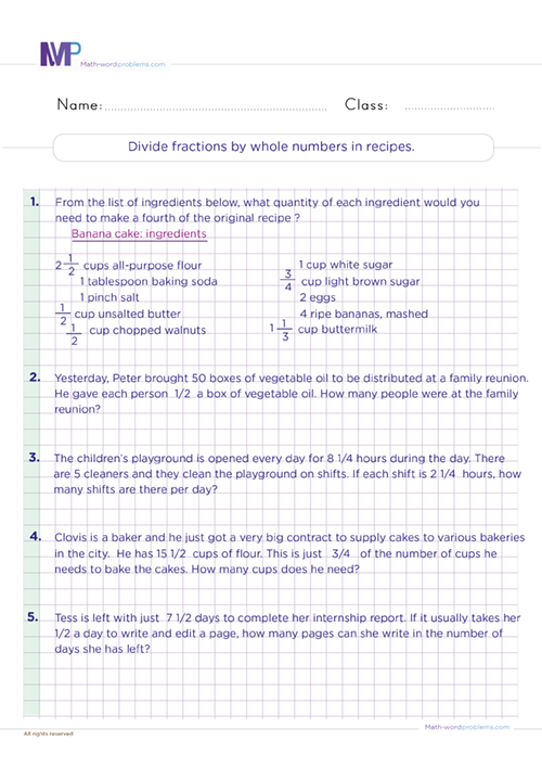 Divide fractions by whole numbers in recipes worksheet