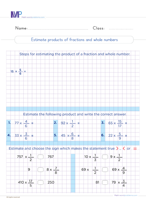 Estimate products of fractions and whole numbers worksheet