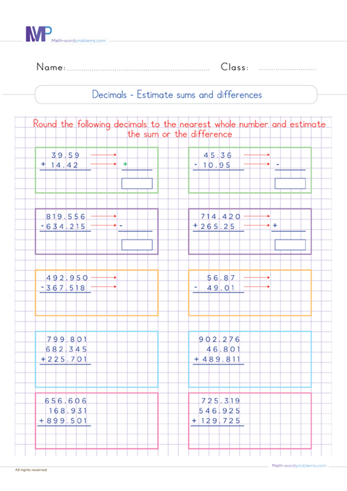 Estimate sums and differences of decimals worksheet