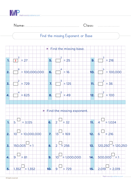 Find missing exponent or base worksheet