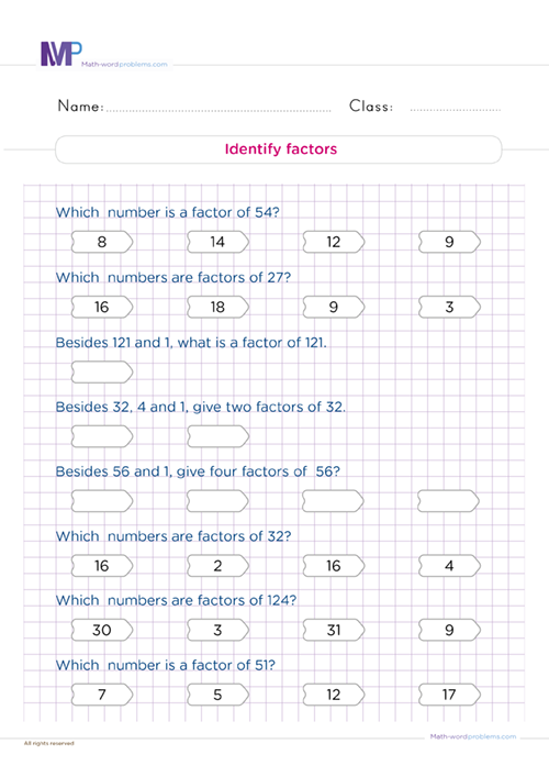 Identify factors and multiples worksheet