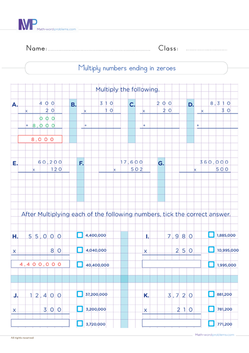 Multiply numbers ending in zero worksheet worksheet