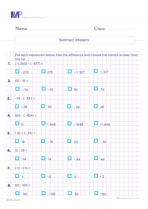 Subtract integers worksheet