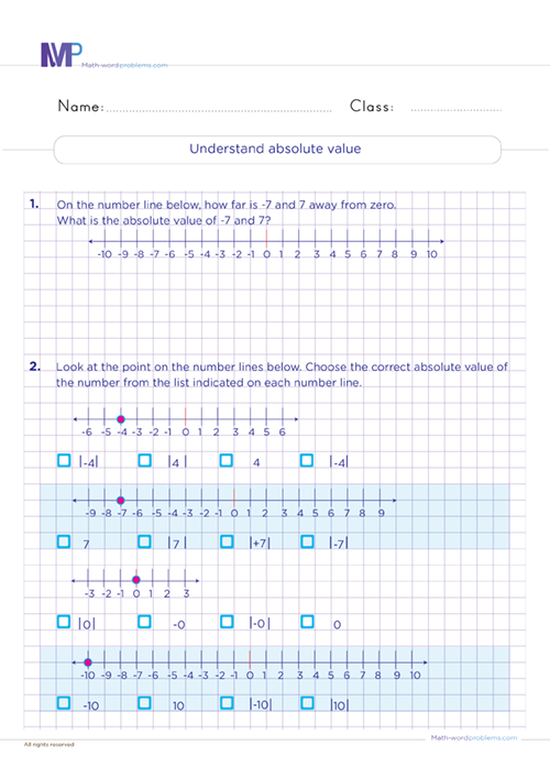 Understand absolute Value worksheet