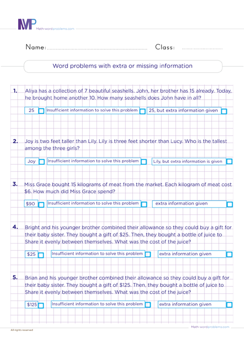 Word problems with extra or missing information worksheet
