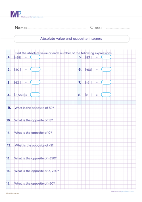 Absolute value and opposite value worksheet