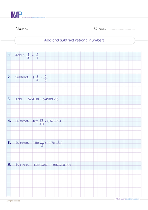 Add and subtract rational numbers worksheet
