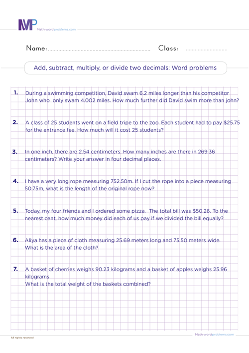 Add, subtract, multiply or divide decimals word problems worksheet