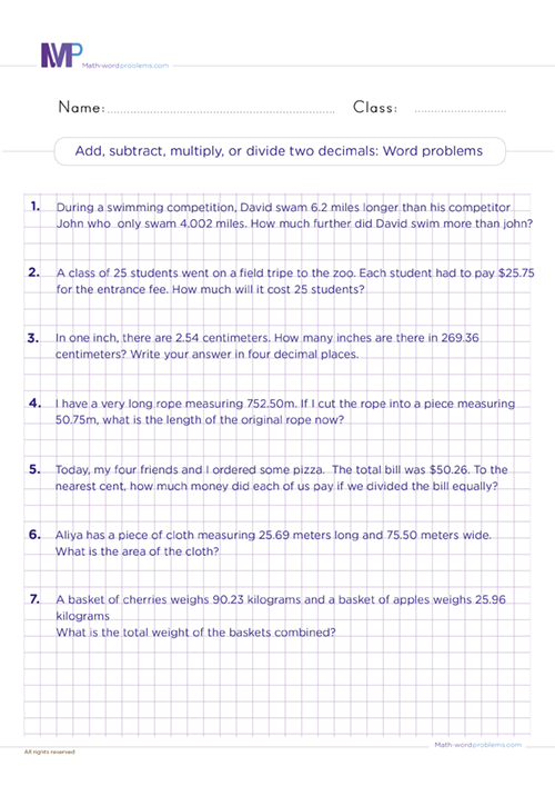 Adding Subtracting Multiplying And Dividing Decimals Word Problems