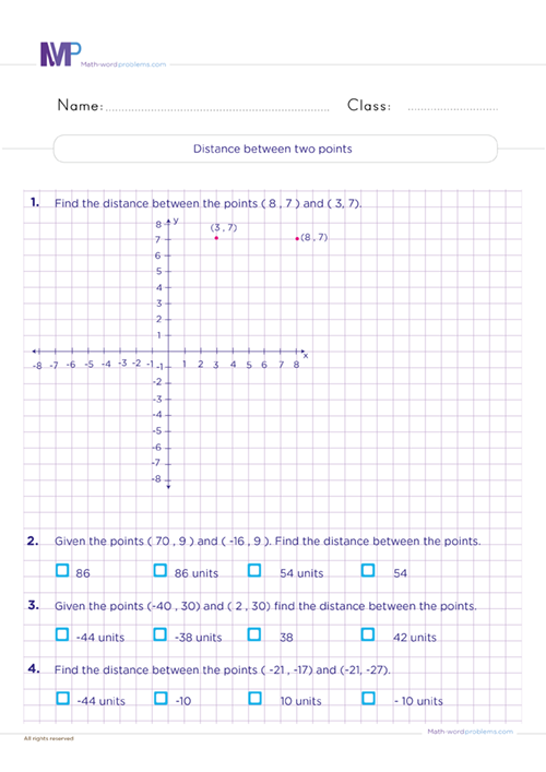 Distance between two points worksheet