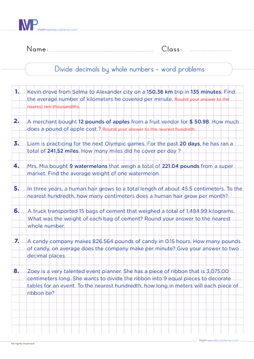 Divide decimals by whole numbers word problems worksheet