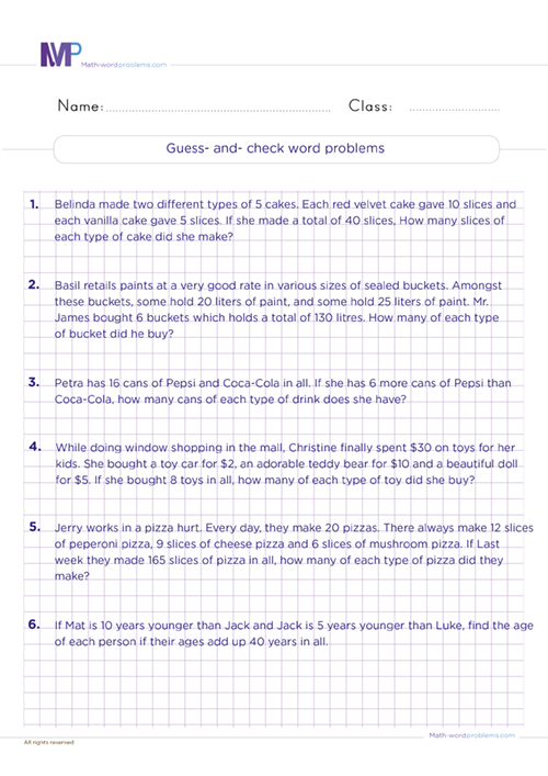 Guest and check word problems worksheet