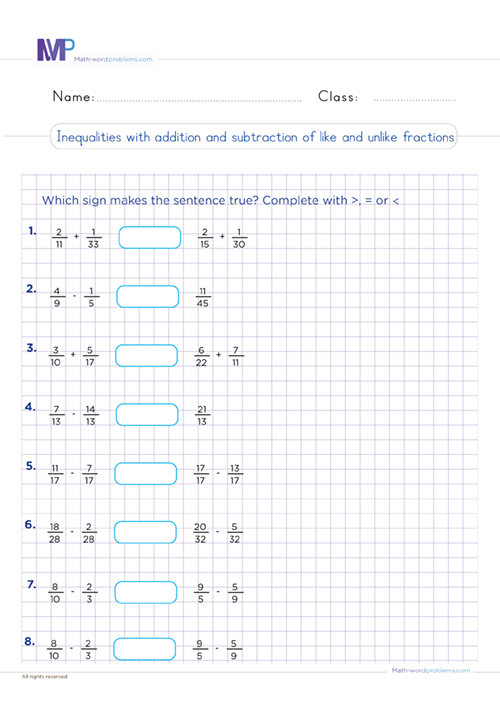 inequalities-with-addition-and-subtract-of-like-and-unlike-fraction-grade-6 worksheet