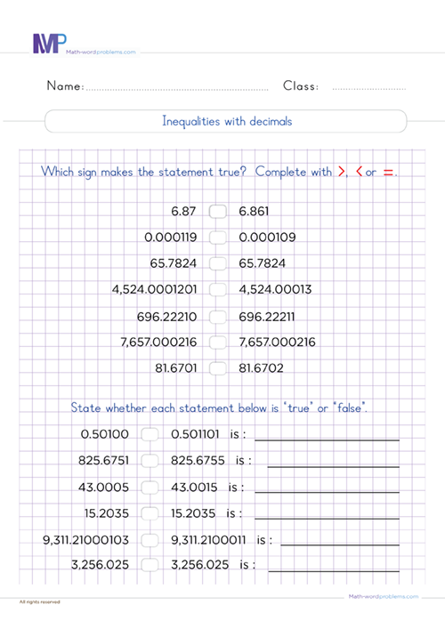Inequqlities with decimals worksheet