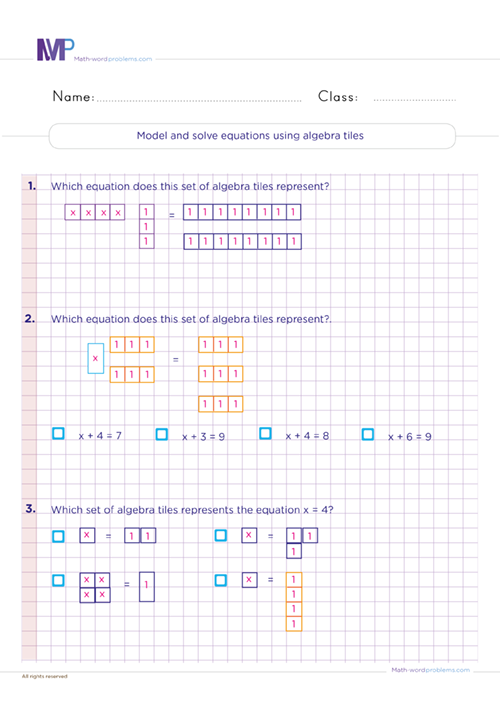 Model and solve equations using algebra tiles worksheet