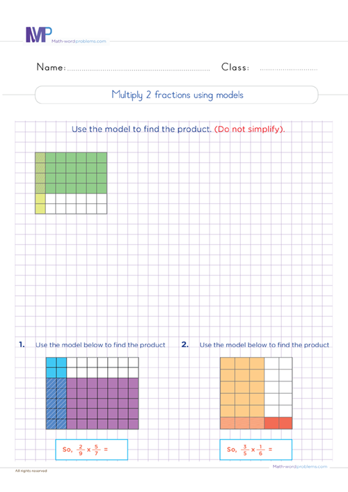 Multiply two fractions using model worksheet