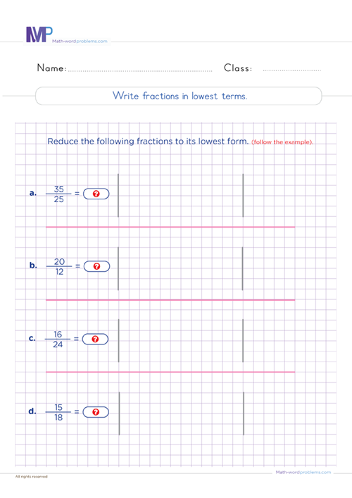 Write fractions in lowest terms worksheet