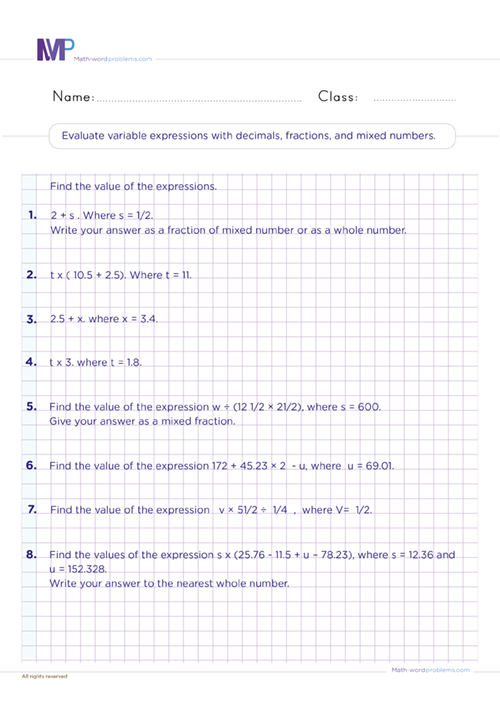 Evaluate variables expressions with decimals fractions and mixed numbers worksheet