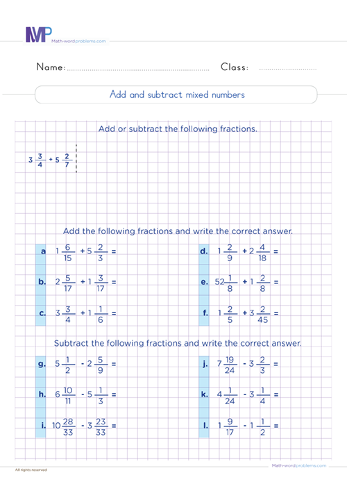 add-and-subtract-mixed-numbers-grade-6 worksheet