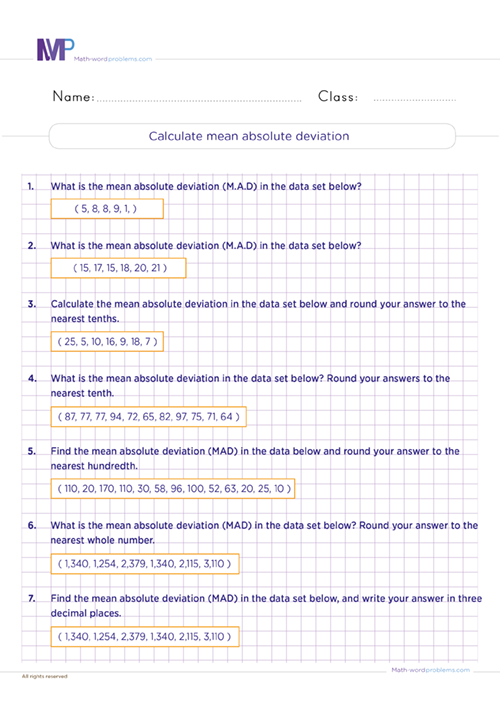 Calculate mean absolute deviation worksheet