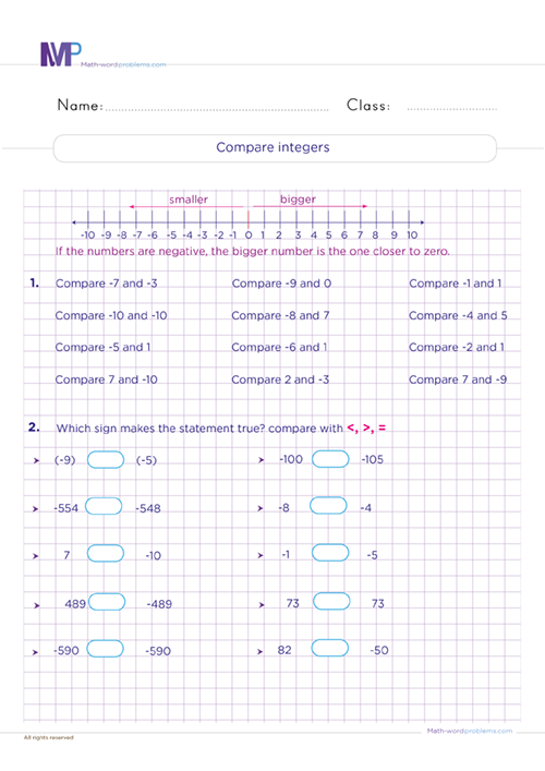 Compare integers worksheet