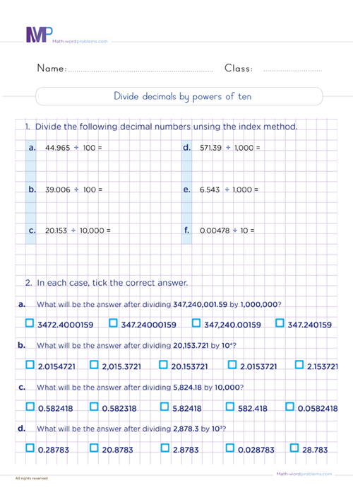 Divide decimals by power of ten worksheet