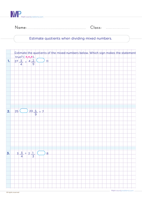 Estimate quotient when dividing mixed numbers worksheet