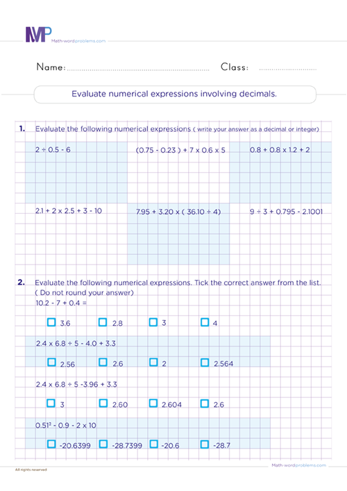 Evaluate numerical expressions involving decimals worksheet