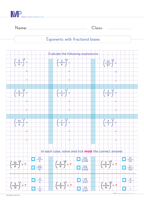 Exponentsn with fractional bases worksheet