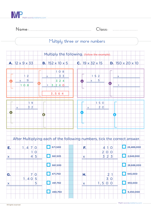 Multiply three or more numbers worksheet