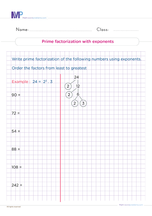 Prime factorization with exponents worksheet