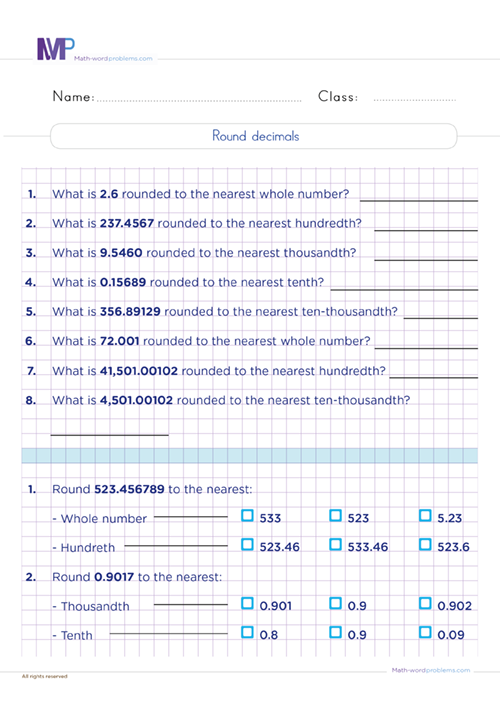 Round Decimals 6th Grade