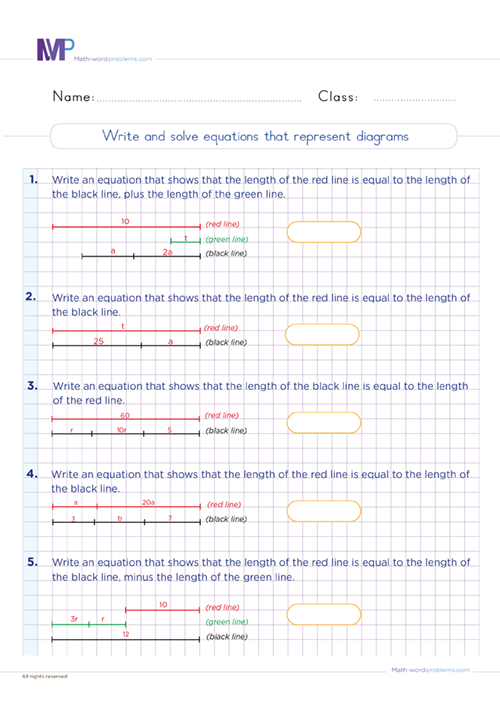 Write and solve equations that represent diagrams worksheet