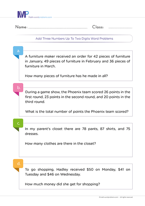 Add three numbers up to two digits word problems worksheet