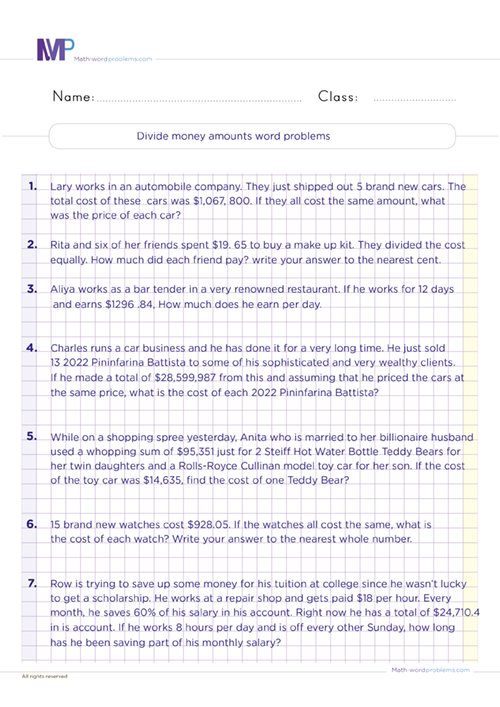 Divide money amounts word problems worksheet