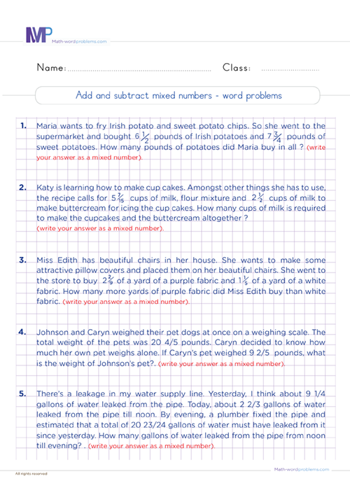 Add and subtract mixed numbers word problems worksheet