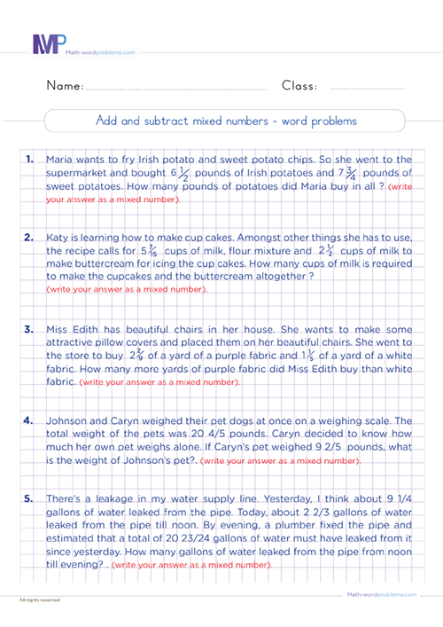 Adding And Subtracting With Mixed Numbers Word Problems