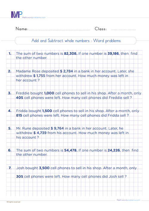 add-and-subtract-whole-numbers-word-problems worksheet