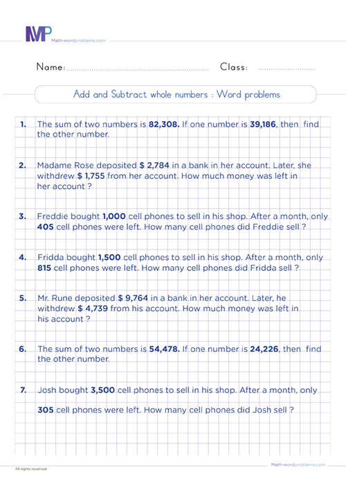 How to add and subtract whole numbers word problems