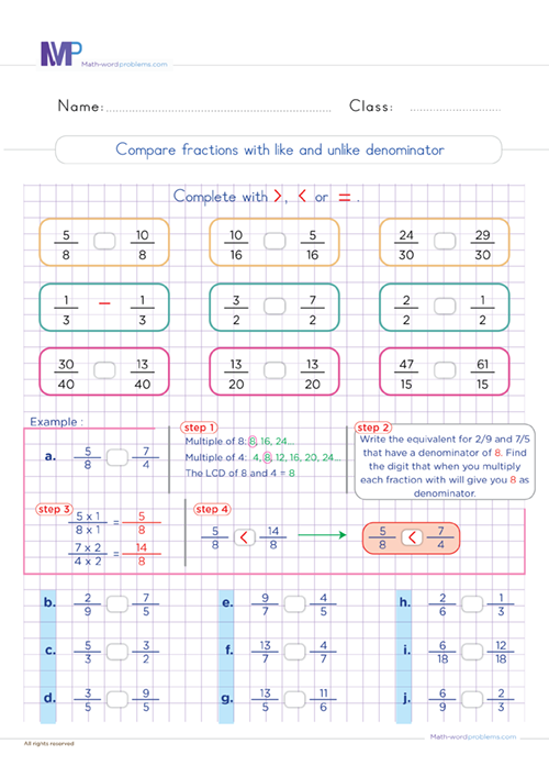 Compae fractions with like and unlike denominator worksheet