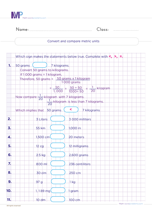 Convert and compare metric units worksheet