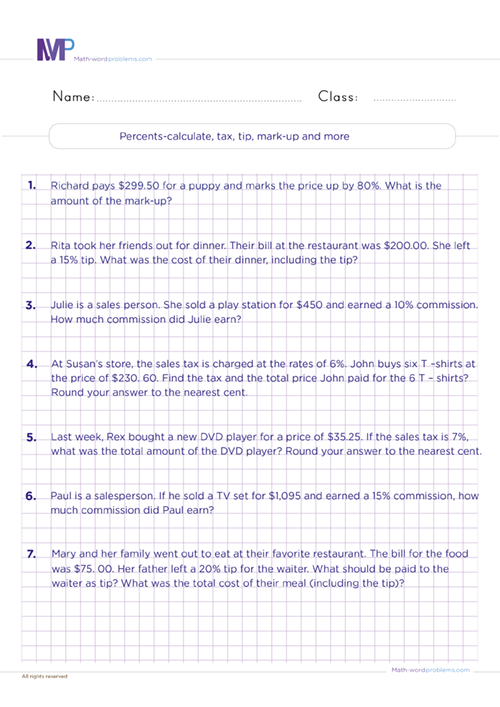 Percents calculate tax, tip, markup and more worksheet