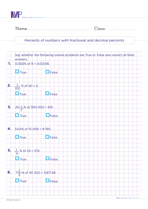 Percents of numbers with fractional and decimal percents worksheet