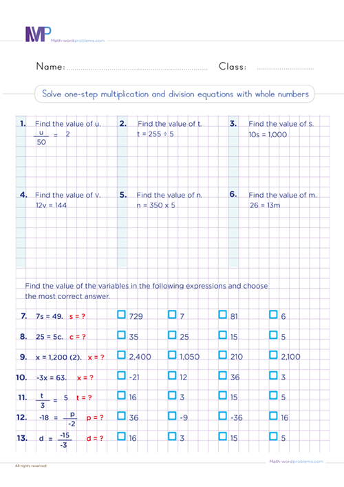 Solve one step multiplication and division equations with whole numbers worksheet