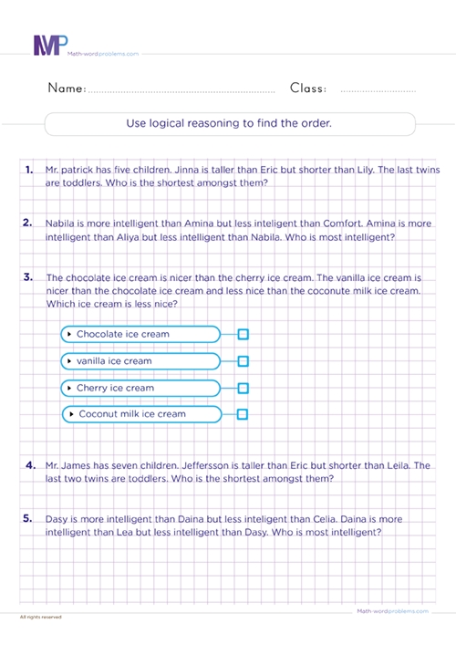 Use logical reasoning to find the order worksheet