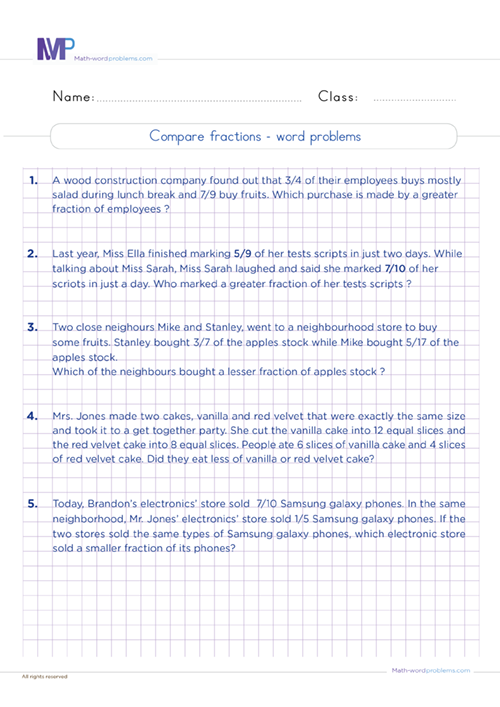 Compare fractions word problems worksheet