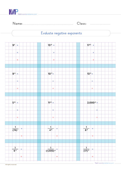 evaluate-negative-exponents-grade-6 worksheet