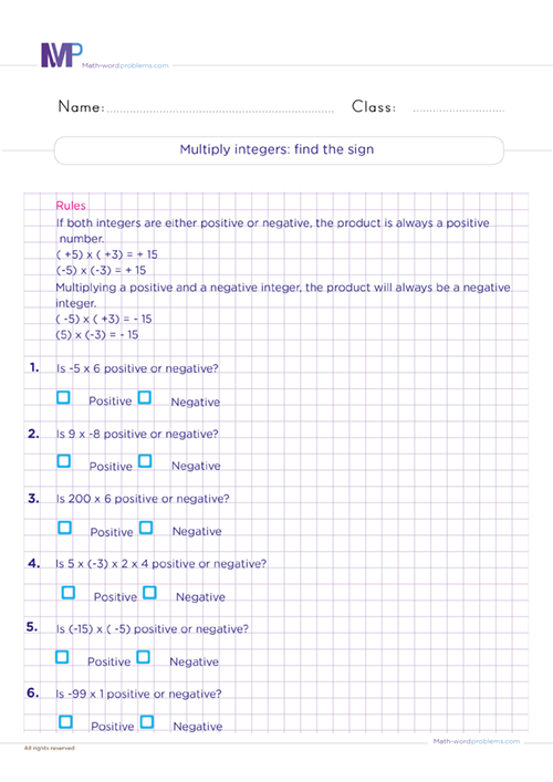 multiply-integers-find-the-sign worksheet